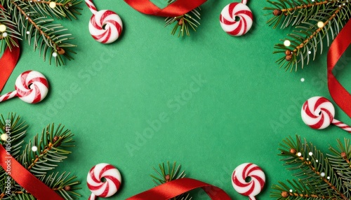 Christmas Candy Canes and Festive Pine Branches on a Green Background for Holiday Celebrations