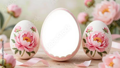 Decorative Easter Eggs with Peony Floral Designs and a Central Blank Egg on a Natural Wooden Background