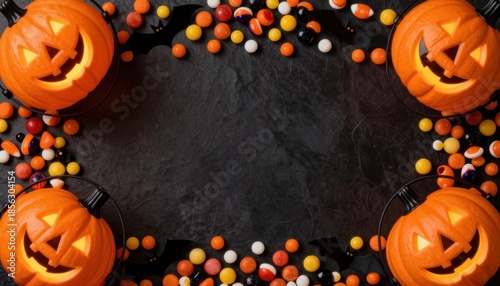 Festive Halloween Pumpkins Surrounded by Colorful Candies on a Black Background