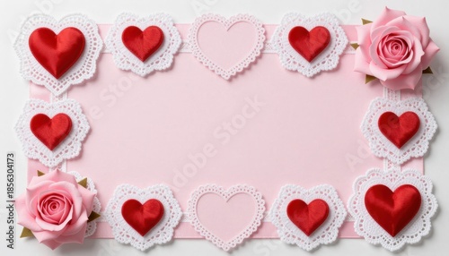 Decorative Pink Background Framed with Roses and Heart Shapes for Romantic Occasions