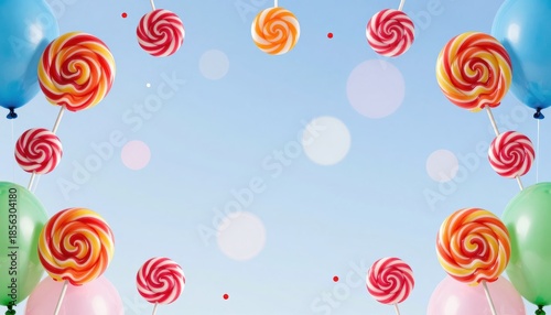 Colorful Lollipops Surrounded by Balloons Against a Bright Sky Background for Celebratory Themes