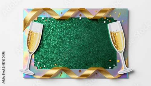 Charming Celebration Background with Glittery Green Surface and Decorative Champagne Glasses