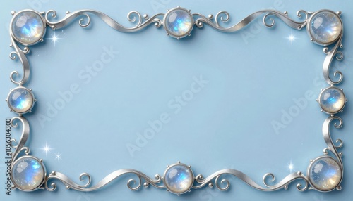 Ornate Decorative Frame with Opalescent Gemstones and Silver Swirls on Soft Blue Background