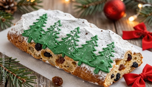 Festive Christmas Stollen Cake Decorated with Green Fondant Trees and Dusted with Powdered Sugar