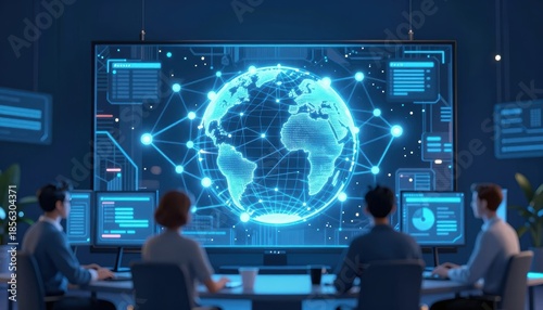 Innovative Business Team Analyzing Global Data Connections on a Digital Screen in Modern Workspace