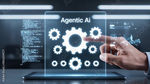 Hand touching AI technology screen showing agentic gears.