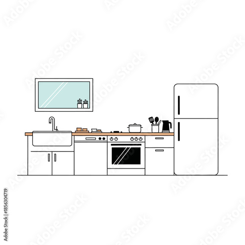 Simple kitchen illustration showing appliances sink and cabinets in a line
