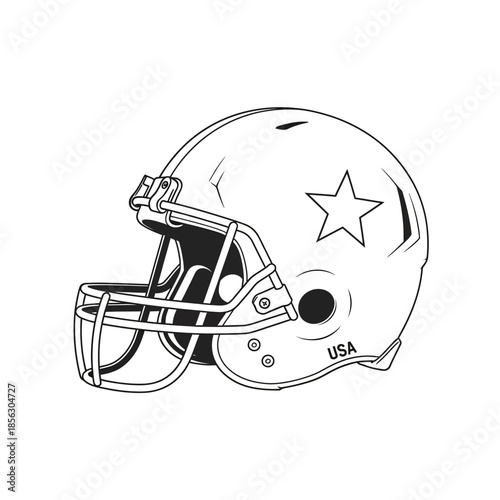 A detailed black and white illustration of an american football helmet