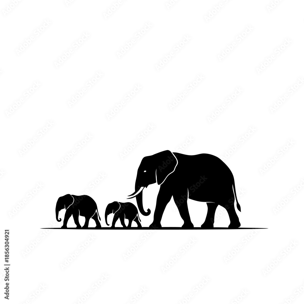 Fototapeta premium A silhouette of an elephant family walking across a flat landscape