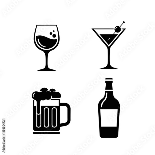 Black silhouette icons depicting various alcoholic beverages wine beer and cocktails