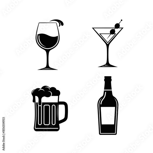 Black and white illustration of various alcoholic beverages and drinkware