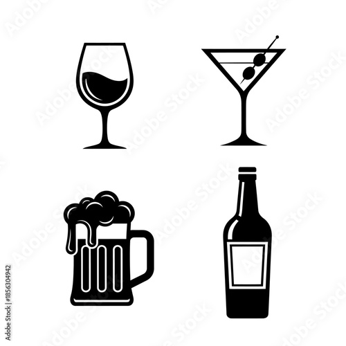 Black and white illustration of various alcoholic beverages wine martini beer and bottle