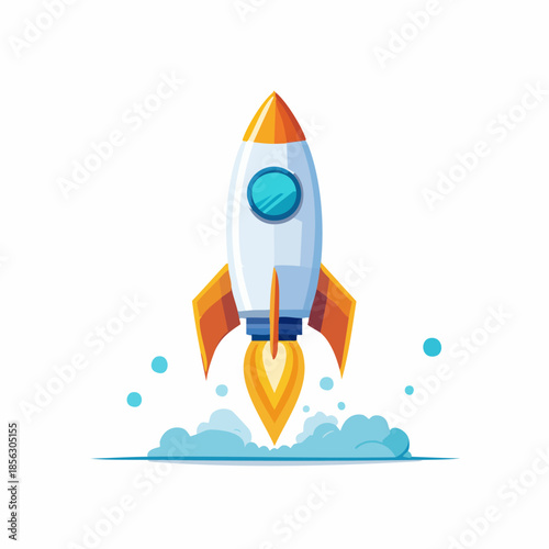 Cartoon rocket ship launching into space with fire and smoke.