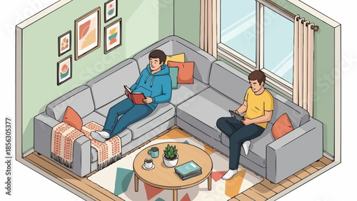 Two young men relaxing on a comfortable L-shaped sofa in a cozy living room setting.