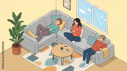 Three friends relaxing on a comfortable L-shaped sofa in a cozy living room setting.