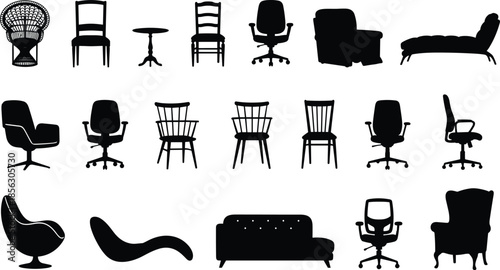 Furniture silhouettes set, chair sofa table armchair office seating collection, modern vintage interior decor elements, cad drawing flat vector illustration
