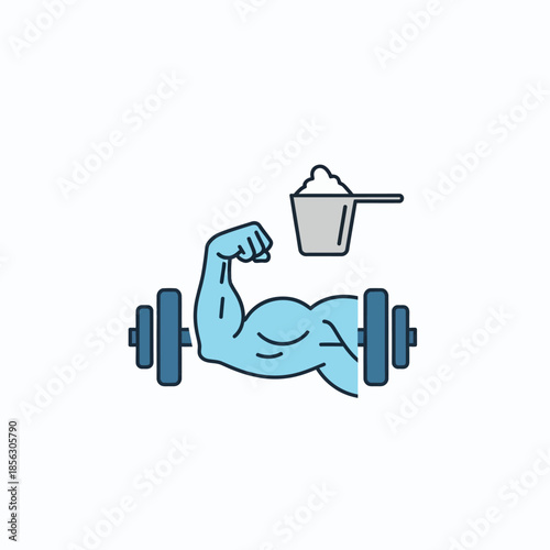 Strong arm flexing with protein shake and weightlifting dumbbells illustration