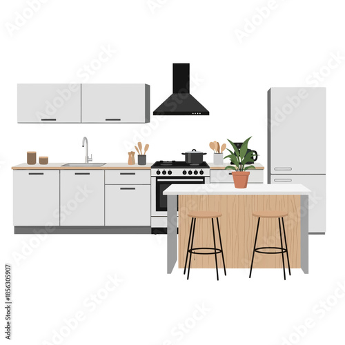 Modern kitchen interior with white cabinets island and stainless steel appliances