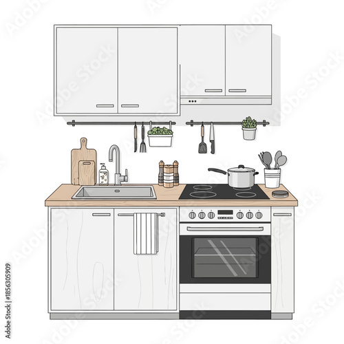 A modern kitchen setup featuring white cabinets a sink and cooking appliances