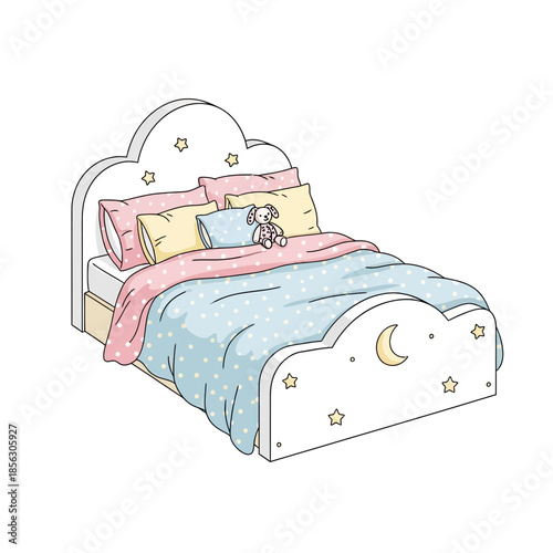 A charming illustration of a child s bed with a teddy bear and dreamy details