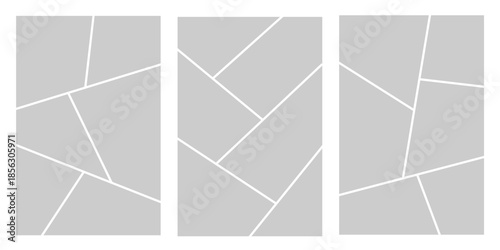 Image collage layout template. Grey mosaic mood board grid collection. Picture frame set. Photo album idea for banner, poster, comic page, flyer, brochure, booklet, memory wall design. Vector pack