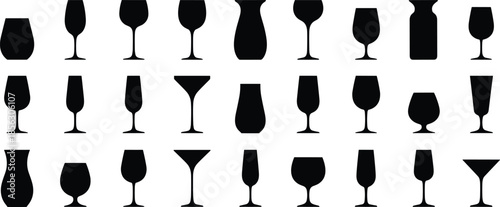 Glass vase icon set, wine martini goblet silhouette, black white vector, drinkware shape study, cad drawing flat vector illustration