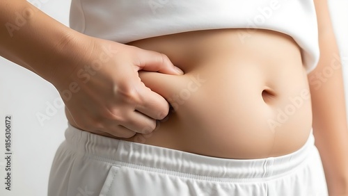 Wallpaper Mural pinching belly fat wearing white clothes isolated on light background. Torontodigital.ca