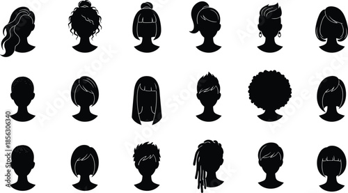 Hairstyle silhouette collection, diverse hair icons, fashion head shapes, beauty style design, cad drawing flat vector illustration