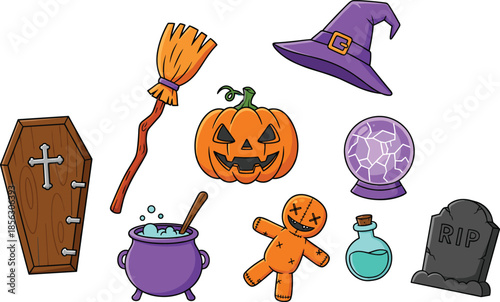 Halloween cartoon icons, spooky objects, witchcraft symbols, coffin, cauldron, pumpkin, tombstone, voodoo doll, potion, crystal ball