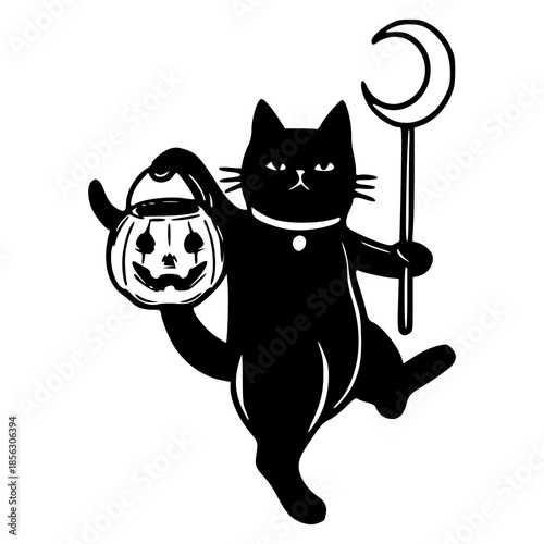 black cat holding pumpkin and crescent moon staff