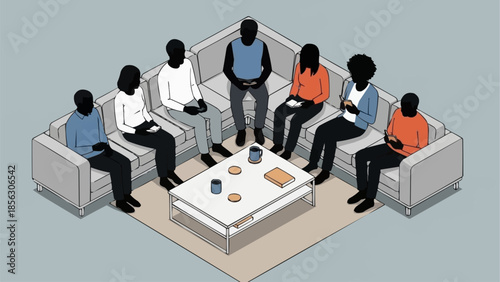 Group therapy session with diverse people sitting in a circle.