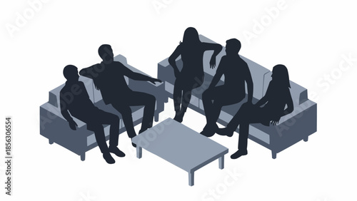 Group of people sitting on sofas around a coffee table.