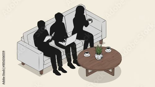 Three people silhouettes sitting on a couch with a coffee table.