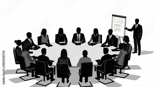 Business meeting with presentation board and attendees around table.