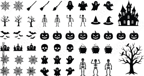 Halloween silhouette icons, spooky symbols, haunted house, ghost shapes, skeletons, bats, jack-o'-lanterns, witch hats, graveyard, black illustration