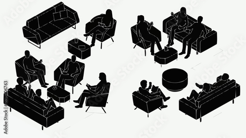 Silhouettes of people sitting on sofas and chairs in a modern lounge area.