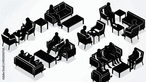 Silhouettes of people in a modern lounge area with furniture.