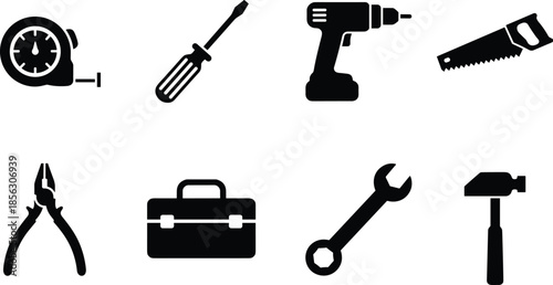 Hand tool icon set, tape measure screwdriver drill saw pliers wrench hammer toolbox, black white vector, cad drawing flat vector illustration