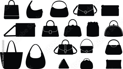 Handbag silhouette collection, fashion accessory icons, purse vector set, stylish bag shapes, black graphic elements, retail design assets, cad drawing flat vector illustration