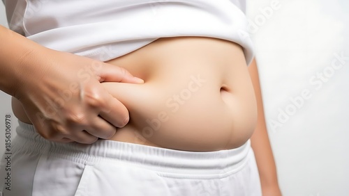 Wallpaper Mural pinching belly fat wearing white clothes isolated on light background. Torontodigital.ca