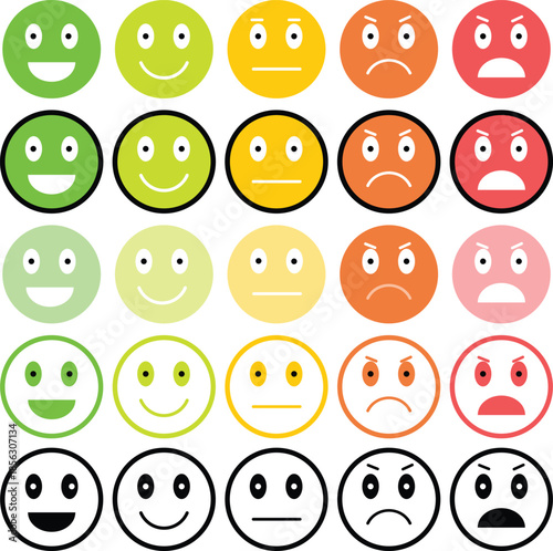 A comprehensive grid of colorful and black and white emoticons illustrating a spectrum of emotions from extreme happiness to intense anger, ideal for feedback systems and mood tracking.