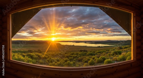 Vibrant Sunset Over Lake Viewed From Wooden Cabin Window