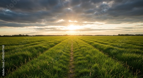 Vibrant Green Field at Sunset with Dramatic Clouds