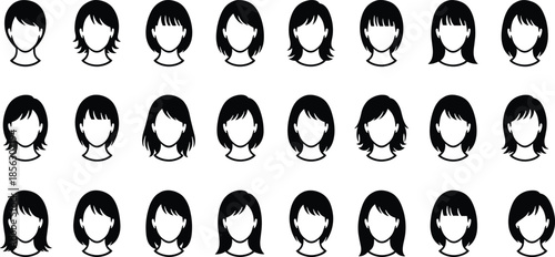 Head silhouette hairstyle grid, diverse hair icons, fashion texture shapes, beauty design elements, cad drawing flat vector illustration