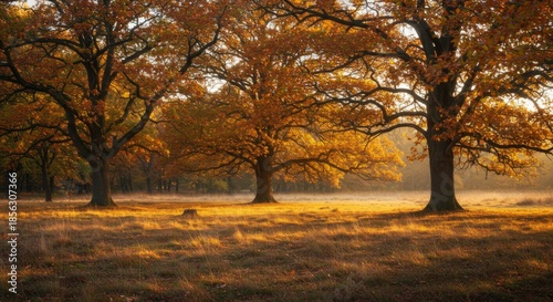 Golden Autumn Sunlight Bathes Majestic Oak Trees in a Serene Field