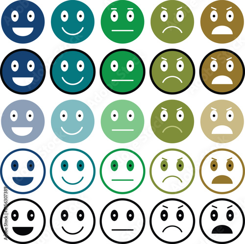A grid of 25 colorful emoticons displaying a range of emotions from happy to angry, with various styles and shades.