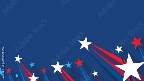 A vibrant background featuring red white and blue stars with rays