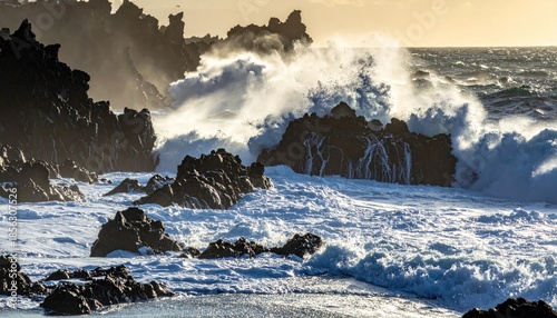 Crashing Waves on Rocky Shoreline - A Dramatic Coastal Scene.