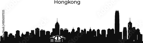 Hong Kong skyline silhouette, iconic cityscape design, black urban architecture art, modern landmark illustration, financial hub concept, Asia metropolis graphic