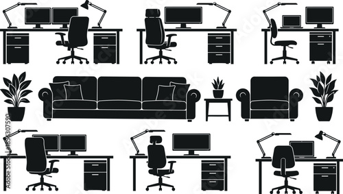 Home office furniture silhouettes, living room setup, modern workspace icons, black vector design, remote work interior, potted plant decor